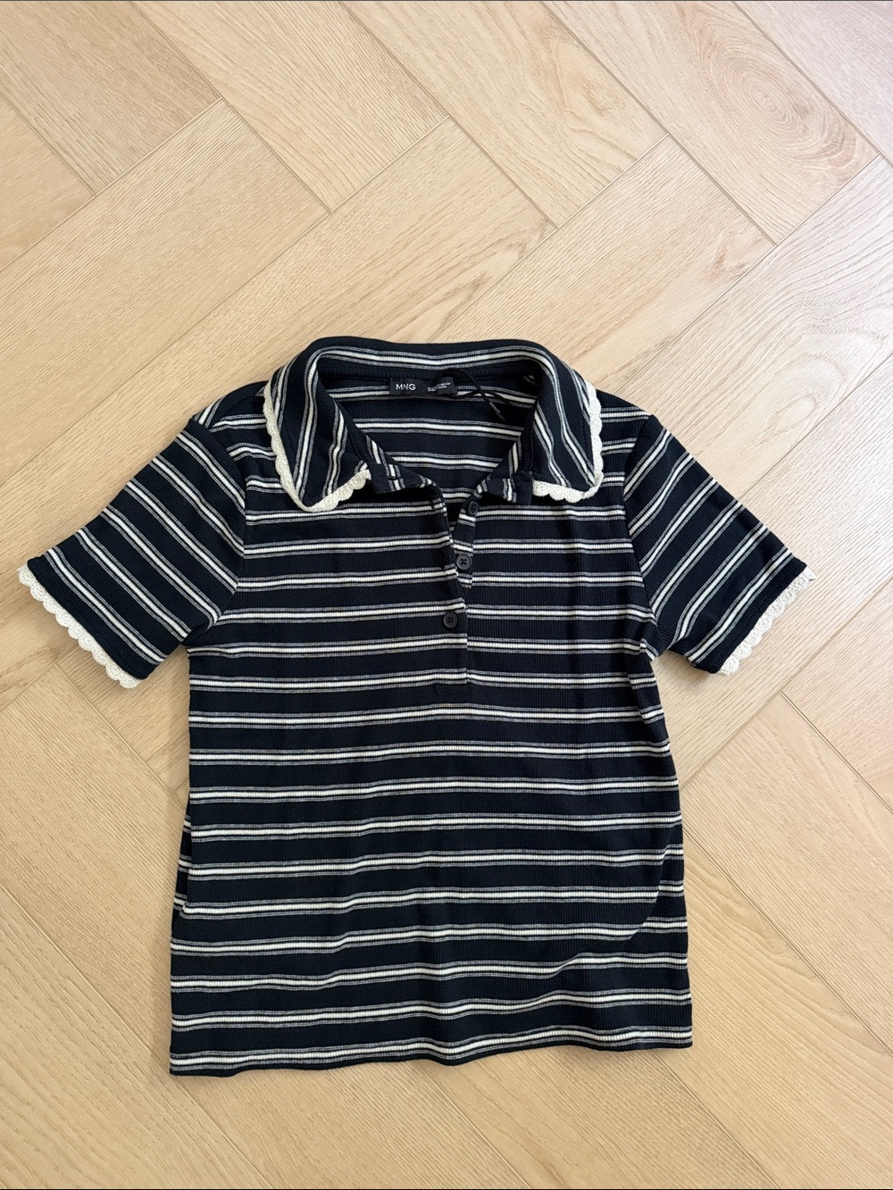 Mango navy & White Striped Polo